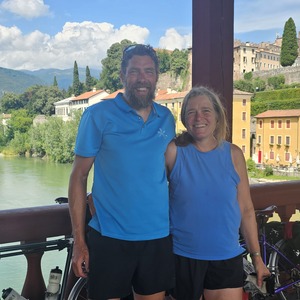 On the bridge into Bassano (Alps behind us)
